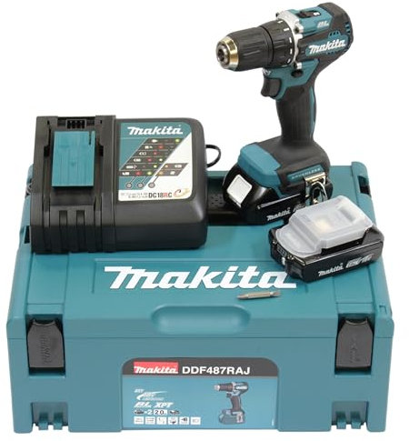 Makita DDF487RAJ Cordless Drill 18 V / 2.0 Ah 2 Batteries + Charger in Makpac Petrol