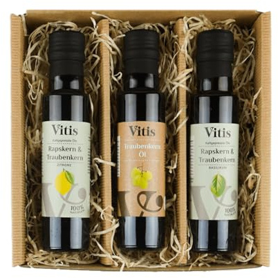 Vitis Traubenkernöl Geschenkset 3x100ml | kaltgepresste Öle, Traubenkern, Zitrone & Basilikum, Genuss Öl Set zum Probieren, ideale Geschenkidee für Feinschmecker