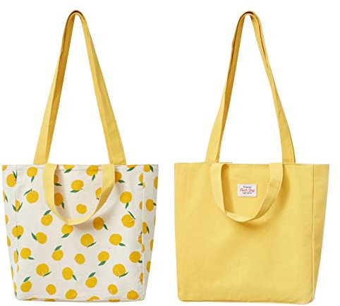 PLATEYTR Doppelseitige Leinentasche aus Baumwolle und Leinen,Stoff Tasche, Einkaufstasche, Baumwolle Schulter Doppelter Tragegriff Leinwand Messenger Bag für Damen, Kinder(Zitrone,31 * 10 * 31cm)