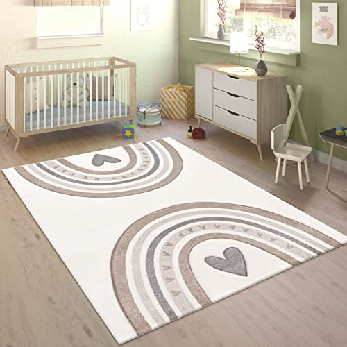 Paco Home Teppich Kinderzimmer Kinderteppich Junge Mädchen Pastell 3D Effekt Modern Regenbogen Herz Beige Creme Grau, Grösse:160x230 cm