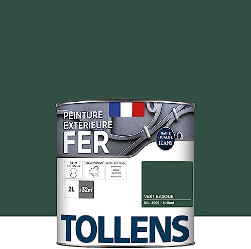 Tollens - Peinture extérieure fer 2 en 1 - Ultra Résistante - Protection antirouille - Laque Riche en Résine - Sans Sous-Couche - Entretien Facile - Brillant - Vert Basque - 2L = 32m2