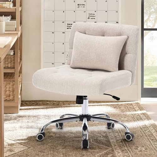 WOLMICS Schneidersitz Stuhl,Schreibtischstuhl mit Lendenkissen,Criss Cross Chair für Mädchen, Bürostuhl ohne Armlehnen aus Linen,Schminkstuhl 160KG Belastbarkeit,Drehstuhl für Schlafzimmer