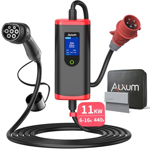Alxum Caricatore EV Portatile 11kW (Trifase 16A) CEE a Tipo 2 | Cavo di Ricarica Regolabile per Auto Elettrica | Stazione Mobile Wallbox per ID.3, Model 3/Y, e-Tron | TÜV Certificato