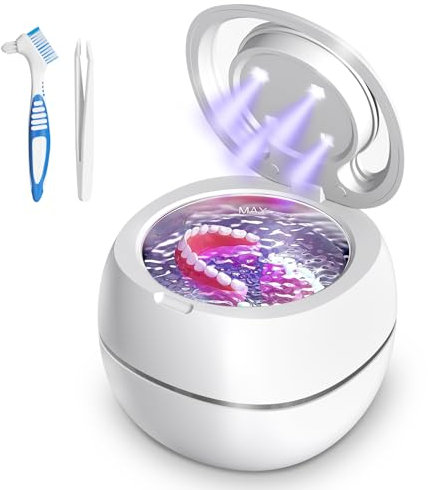 SEANCHEER Nettoyeur Ultrasons 48000Hz Bac Ultrason | 24W | 180ML | Mini Ultrasonic Cleaner Portable avec Lampe UV pour | Prothèses Dentaires | Gouttière Dentaire | Retainer | Bijoux | (Blanc)
