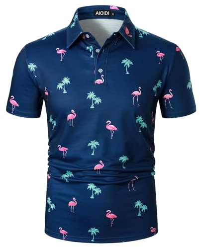 AIOIDI Hawaiianska kortärmade pikétröjor för män klassiskt tryckt golf vardaglig mjuk t-shirt sommarsemester strandtoppar, Blå flamingos 2, M