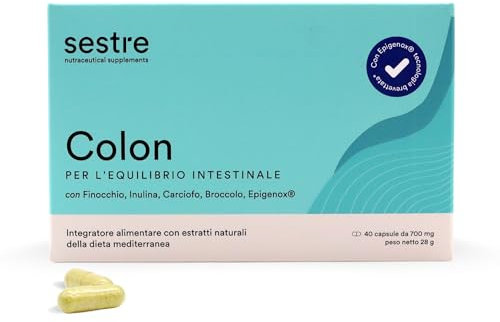 Sestre Colon, Integratore per l'Equilibrio Intestinale, Regolarizza la Flora Batterica e Contrasta la Stitichezza, con Estratti Naturali della Dieta Mediterranea e Quercetina, 40 Capsule