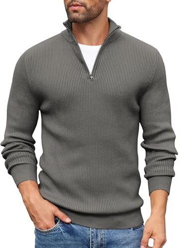 COOFANDY Maglione Uomo Invernale con Zip Maglione Uomo a Maglia con Zip 1/4 Morbido Pullover Dolcevita Classico Maglioni Invernali Regular Fit con Collo Alto Grigio Scuro S
