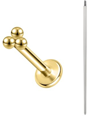 BodyAce Gold ASTM F136 Titanium Lip Bars, 16G Flat Back Earrings with Piercing Taper, Internally Threaded Labret Ring Cartilage Piercing Tragus Studs [Gold Three Balls]