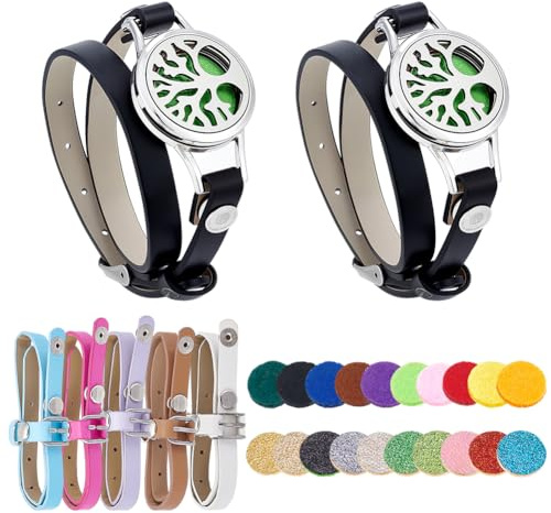 PH PandaHall 2pcs Bracelets Diffuseurs D'Huiles Essentielles Bracelet en Arbre de Vie avec 5 Bracelet en Cuir Rechange Médaillon D'Aromathérapie Réglable avec 20 tampon de Recharge pour Femme Cadeau