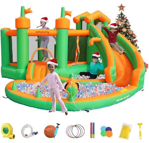 INFLATEFLY Inflatable Bounce House for Kids with Double Slide, 7 in 1 with 750W Blower, Jumping, Water Gun, Splash Pool, Climbing Wall, Basketball Hoop, Ring-toss for Kids Indoor Outdoor Backyard