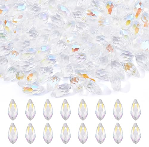 DICOSMETIC Lot de 150 perles en verre de cristal en forme de goutte 13 x 6 mm Perles à facettes transparentes perlées sur le dessus Perle attrape-soleil pour la fabrication de bracelets, colliers et