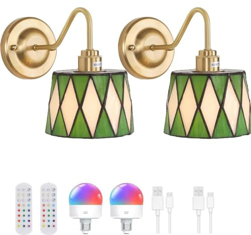 LOGT Tiffany Wandleucht Vintage Batteriebetriebene Wandlampe Ohne Stromanschluss Akku Wandleuchten mit Fernbedienung Dimmbar Nachttischlampe RGB 12 Farben Aufladbare Bettlampe Grün Glas Lampenschirm