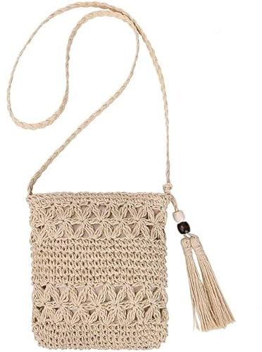 WUBAYI Straw Bag for Women, Beige Woven Shoulder Bag with Tassel, Bohemian Handmade Shoulder Purse with Zipper Ideal for Holiday Beach Travel Everyday Use