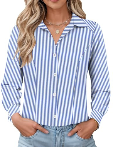 IECCP Womens Blouses Long Sleeve Striped Dress Shirt Slim Fitted Stretch Wrinkle Formal Button Down Shirts Work Executive Office Casual Ladies Tops 2026(Blue Strip,M)