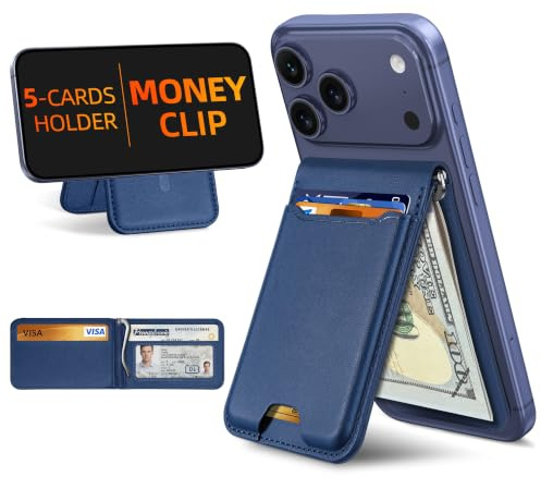 ExtreLife For Magsafe Wallet with Money Clip, Strongest Magnetic Wallet for iPhone 17/16/15/14/13/12 Series, Adjustable Stand, ID Window, 5 Card Holder, RFID Blocking, Not for 13/12 Mini, Navy Blue