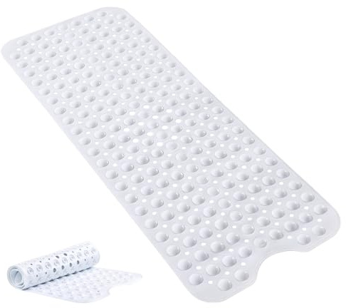 Bathroom Non-slip Mat White Bathroom Floor Mat Anti-mould and Non-slip Bathtub Mat 100 x 40cm Extra Long Non-slip Bath Mat with Suction Cups and Air Vent Machine Washable