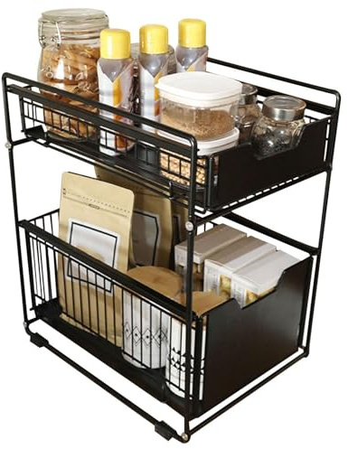 Sliding Cabinet nizer - 2-Tier Stackable Multi-Functional Storage Bins | Under-Sink Kitchen nizers with Sliding Drawers | Space-Saving Drawer nizers