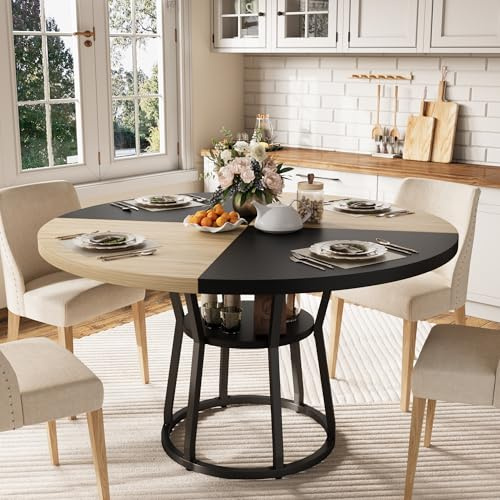 Garvee Round Dining Table for 4-6, 42 Farmhouse Kitchen Table with Storage, Circle Dinner Tables for Kitchen, Dining Room, Living Room, Meeting Room, Apartment