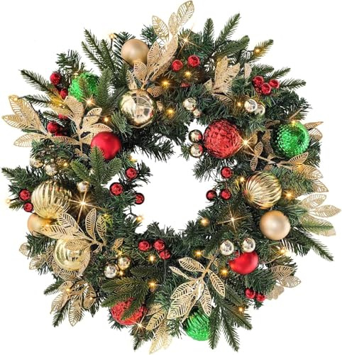 Taylor & Brown 60cm Pre-Lit Artificial Christmas Xmas Wreath Battery Operated 35 LED Lights with Gold, Green, and Red Ornaments, Glittering Gold Leaf Steams for Front Door Holiday Home Decorations