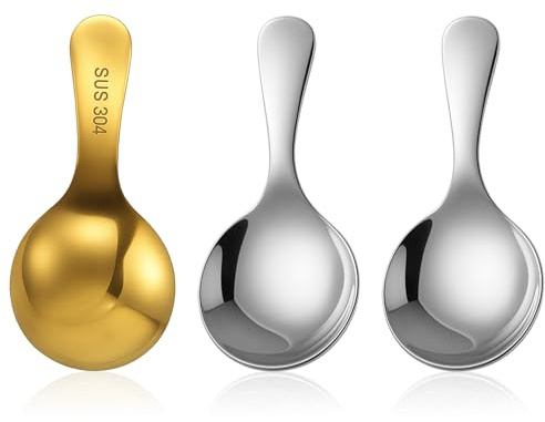 3 PCS Gold Silver Mini Canister Scoops, 3.94Inch Stainless Steel Short Handle Spoons, Small Round Spice Spoon for Condiments, Desserts, Honey, Coffee, Tea, Salt, Jam, Mustard and Ice Cream