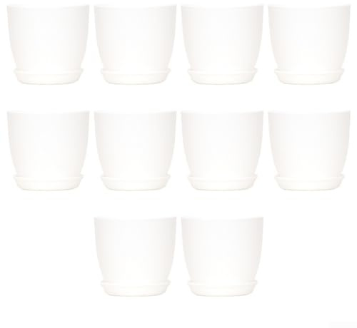 Macetas con paleta para jardín en casa, 10 macetas de plástico con platillo que protege las superficies y ayuda a mantener los niveles de humedad de las plantas (blanco, 180 x 165 mm)