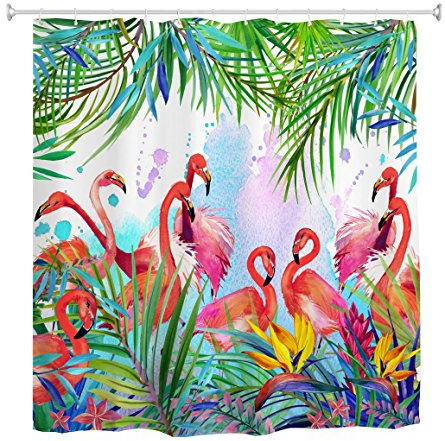 goodbath Flamingo Shower Curtain, Tropical Leaves and Flowers Waterproof Anti Mildew Fabric Bathroom Shower Curtains, 72W x 72H, Pink Green