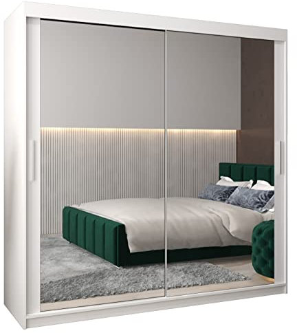 MEBLE KRYSPOL Tokyo 3 200 Schlafzimmerschrank mit Zwei Schiebetüren, Spiegel, Kleiderstange und Regalen – 200x200x62cm - Mattweiß