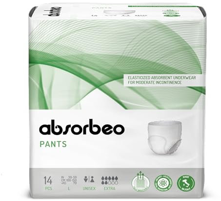 Absorbeo Pants EXTRA, Elastische 14 Stück, Absorbierende Windelhose für Mittlere Blasenschwäche, Absoluter Komfort, Totaler Schutz, Anti-Odour-System, Vollständig Atmungsaktiv, Unisex, Größe L