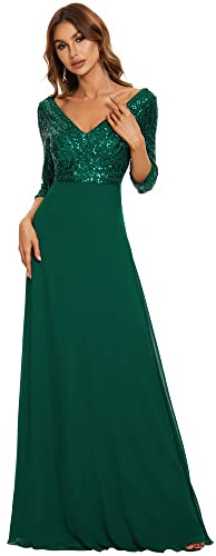 Ever-Pretty Damen V-Ausschnitt Pailletten Lange Ärmel Abendkleid Bodenlang A-Linie Elegant Chiffon 00751