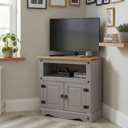 IDIMEX Meuble TV Ramon Banc télévision en pin Massif Gris et Brun avec 2 Portes et 1 Niche, Meuble de Rangement Style Mexicain en Bois dim 85 x 78 x 43 cm