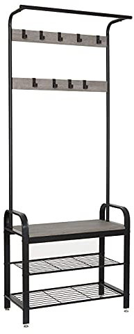 Meerveil Coat Stand, Coat Rack with Shoe Storage Bench, Metal Clothes Rail with 9 Removable Hooks, Industrial Style for Hallway Entrance, 72 x 34 x 183 cm, Grey