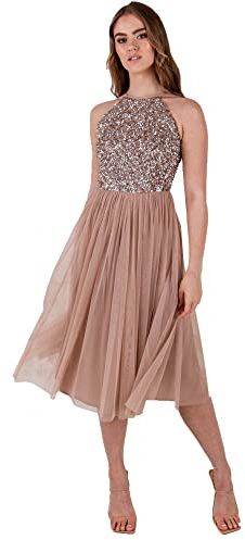 Maya Deluxe Abito Midi da Donna con Scollo all'Americana in Tulle per Sera, Laurea, Ballo di fine Anno, Matrimonio, Damigelle d'Onore Vestito, Tortora Blush, 34