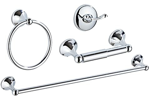 4 Piece Bathroom Accessory Set(Adjustable Towel Bar, Towel Ring, Toilet Paper Holder,Towel Hook), Wall Mounted Bathroom Hardware Accessories Set,Chrome