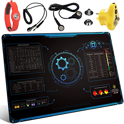 KooMall 36x24 Inch Anti Static Rubber Mat Kit for ESD Sensitive Electronic Device Repair, Soldering, PC Building, Assembly, Table Work, With Grounding Plug Cord, Antistatic Wrist Strap, Heat Resistant