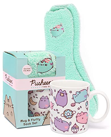 Pusheen Mug and Socks Gift Set for Adults Kids | Novelty Cat Cup with One Size Fluffy Slippers | Animated Blue White Ceramic Homeware 11 Oz