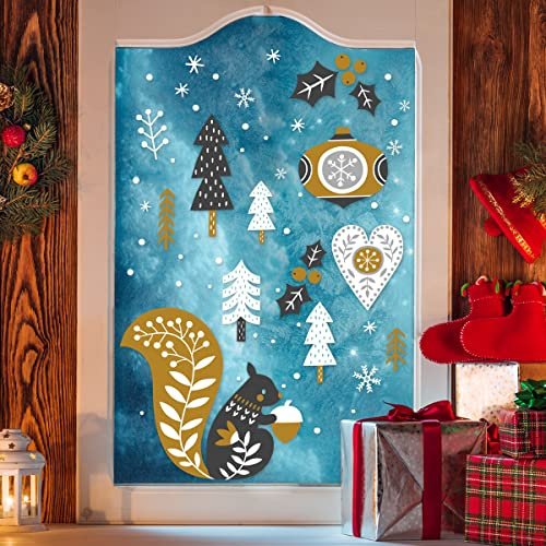WandSticker4U®- Fensterbilder Weihnachten Kinder EICHHÖRNCHEN IM WINTERWALD selbstklebend I Weihnachtsdeko Fenster Aufkleber Fenstersticker Winter Schneeflocken weiß wiederverwendbar