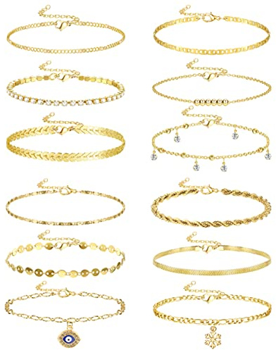 CASSIECA 12pcs Bracelets de Cheville en Or pour Femme Plaqué Or 14k Chaîne de Corde en Argent Mauvais Œil Tennis Cristal Zircone Faux Diamant Strass Cheville Dainty Layered Cheville Ensemble
