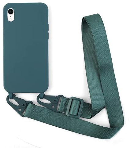 Leather Armor Handykette Hülle für iPhone XR mit Band Halsband Lanyard (abnehmbar) Handyhülle,Handyhülle mit Verstellbarer Lanyard,Stoßfest Silikonhülle Handykette Handyhülle .-Grün