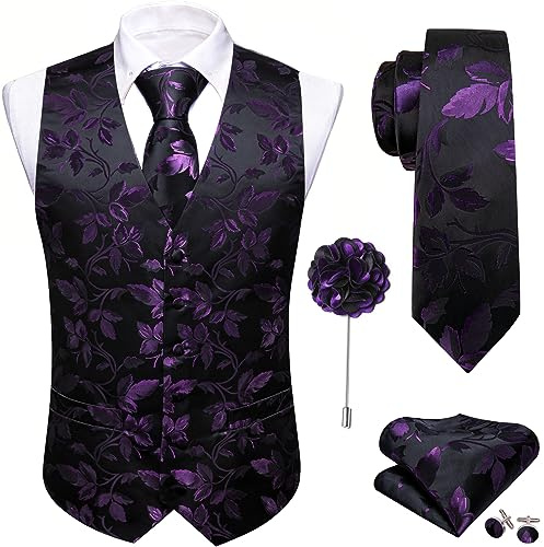 Barry.Wang Formal Men Flower Vest Paisley Jacquard Silk Ties Suit Waistcoat Set Wedding 5PCS Purple L
