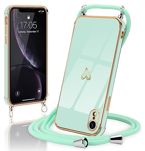 Micoden Handykette für iPhone Xr Hülle Necklace mit Band Herz Design | Kameraschutz Handyhülle Herz Design Galvanik Dünn Silikon Case Bumper Kordel zum Umhängen Stoßfeste Schutzhülle, Mintgrün