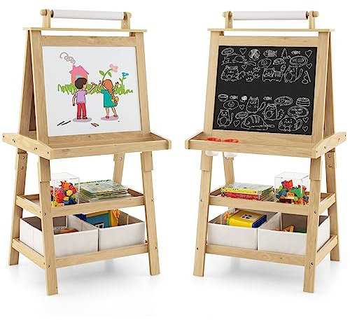 COSTWAY 3 in 1 Cavalletto per Bambini con Doppia Faccia, Cavalletto per Disegno con 2 Vassoi e 2 Scatole, Lavagna Bambini in Legno (Naturale)