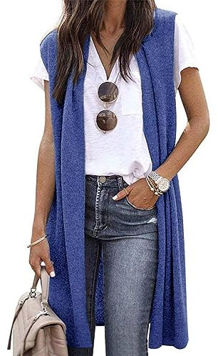 Cardigan Donna, Cardigan Da Donna Aperto Davanti Senza Maniche Di Media Lunghezza Cardigan Da Donna Blazer Semplice Gilet Spacco Laterale Lungo Spolverino Galleggiante Cardigan Coprispalle Blu S