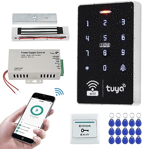 FUSYTULY Inteligente Sistema de Control de Aacceso WiFi Tuya Impermeable Teclado de Control de Acceso RFID 125KHz 13,56 MHz + Cerradura Electromagnética 180KG + llavero 15PCS