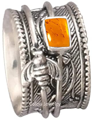 CELCIA JEWELRY Solid 925 Sterling Silver Honey Bee Spinner Meditation Ring, Natural Baltic Amber Gemstone Ring, Unique Handcrafted for Women/Men