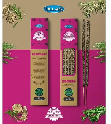 Incienso Orgánico - ULLAS - Hecho a Mano - 25gr - Hecho en India - 100% Natural - 1 cajetilla (Romero)