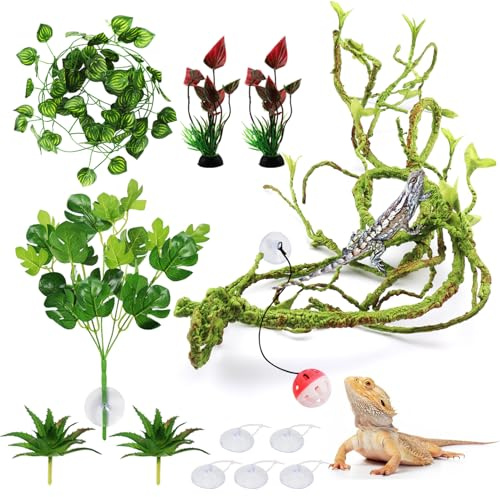 QUOZUO Bearded Dragon Accessories, Reptile Plants Terrarium Hanging Plant Artificial Leaves Vines Ball bells, Leopard Gecko Tank Accessories for Bearded Dragon Lizard Snake Geckos Chameleon
