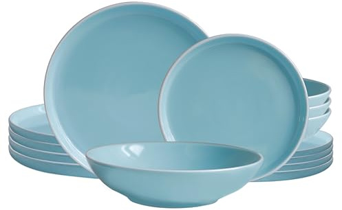 ECHTWERK 12-teiliges Vintage Tafelservice Nerea Nature-Design, für 4 Personen, Pastellfarbenes Geschirrset aus Steingut mit 4 x Speiseteller, 4 x Beilagenteller, 4 x Suppenteller, Mint