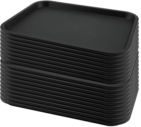 MAHIONG Paquete de 18 bandejas de plástico negro para comida rápida, 35 x 27 cm, bandeja grande de plástico para servir restaurante, cafetería, cocina, fiesta, cafeterías