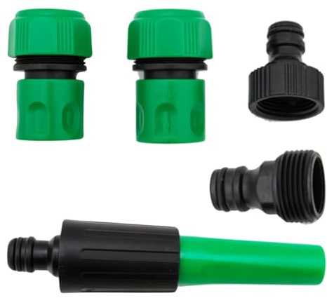 Navoys 5 Piece Hose Connector Set - Green Plastic, 5 Ports, 1/2 Inch Compression Inlet, 0.5 Inch Barb Outlet, Quick Fit Female Adaptors, Spray Nozzle, Hose Repair Connectors