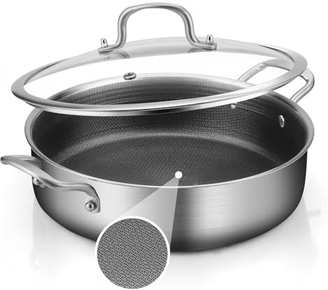 YEKSUM Hybird Sautepfanne, dreilagig, Edelstahl, 6 l, 30,5 cm, antihaftbeschichtet, mit Deckel, große Bratpfanne, 18/10 Kochpfanne, Induktionspfanne, 30,5 cm, spülmaschinen- und ofenfest, silberfarben